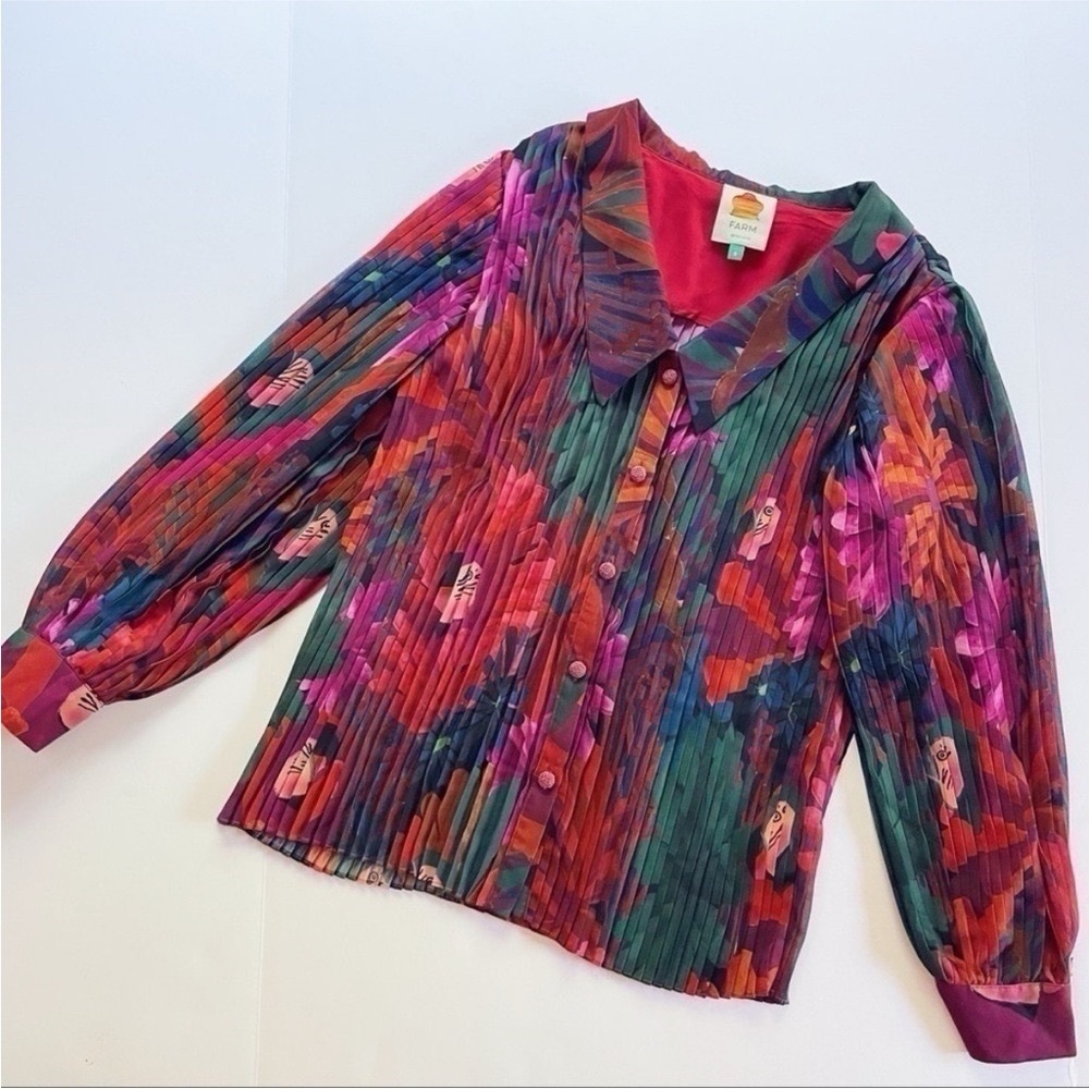 NEW Farm Rio Women’s Bird Flowers Pleated Shirt Multicolor - Picture 8 of 13